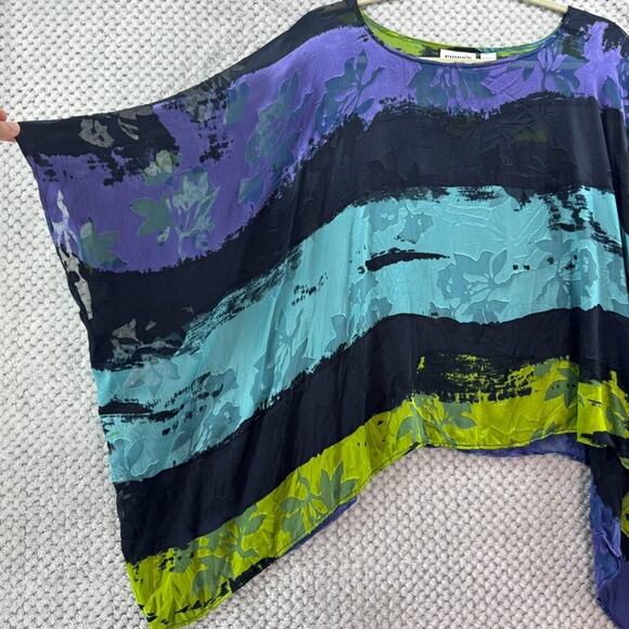 Chicos Design Top ML Blue Silk Burn Out Sheer Floral Boat Neck Shawl Pullover - Picture 5 of 13